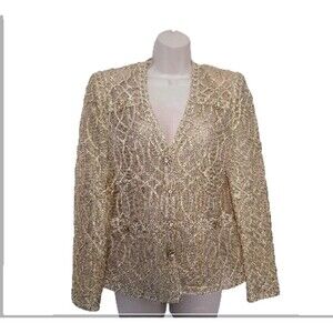 Farinae Size 6 Fancy Womens Beaded Gold Jacket Long Sleeve Shoulder Pads Vintage